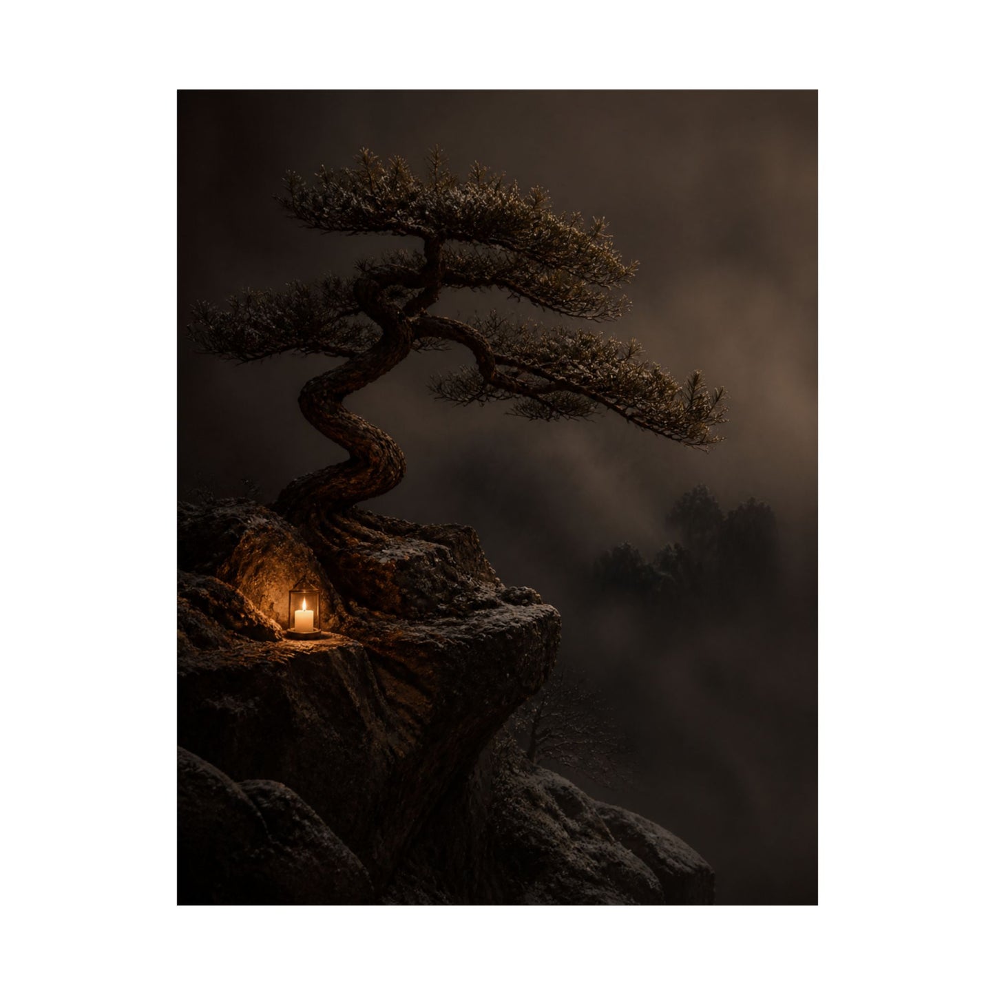 Candlelight Pine Tree Wall Art Print - Dark Japandi Kanso