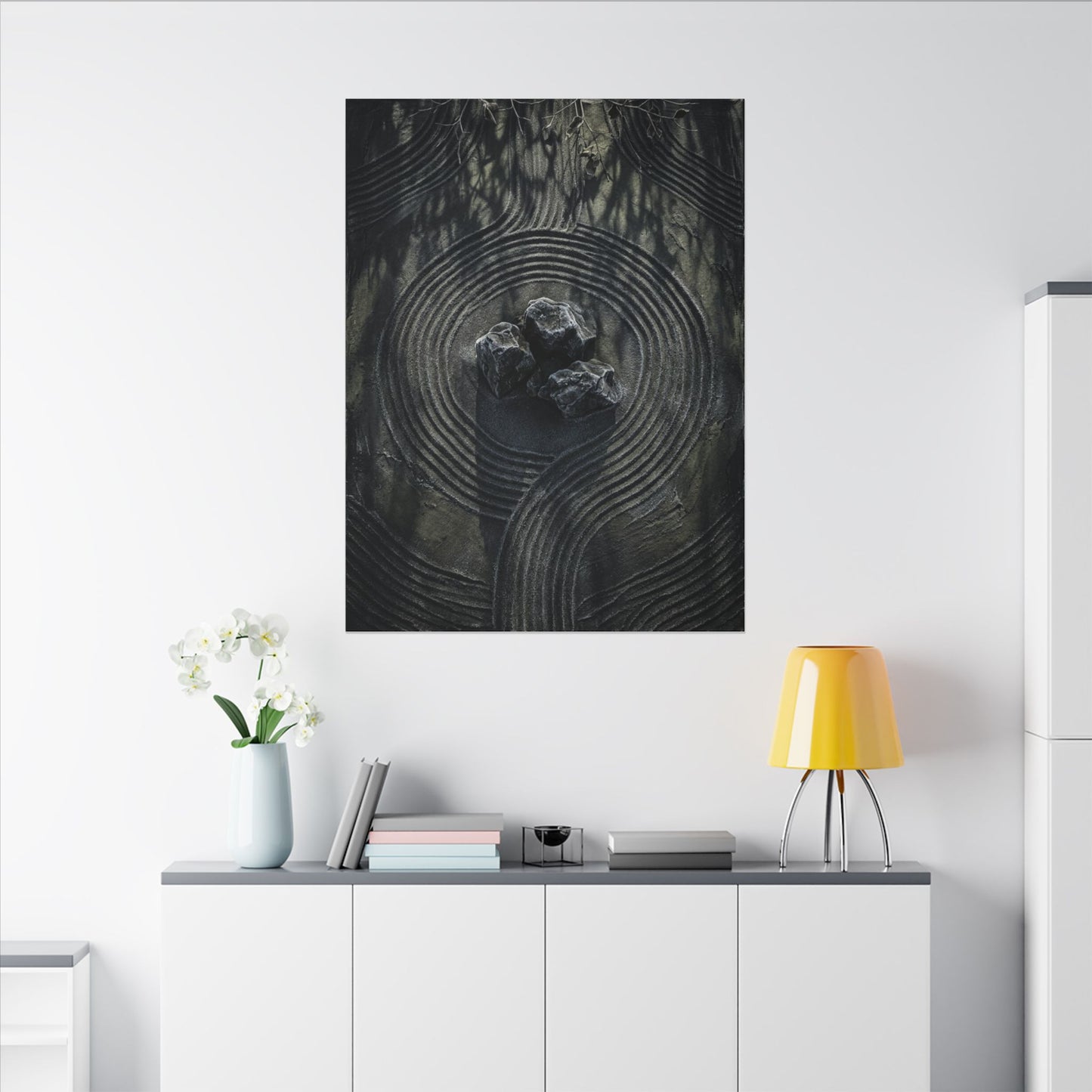 Moody Rock Garden Canvas Art - Dark Texture Dark Japandi