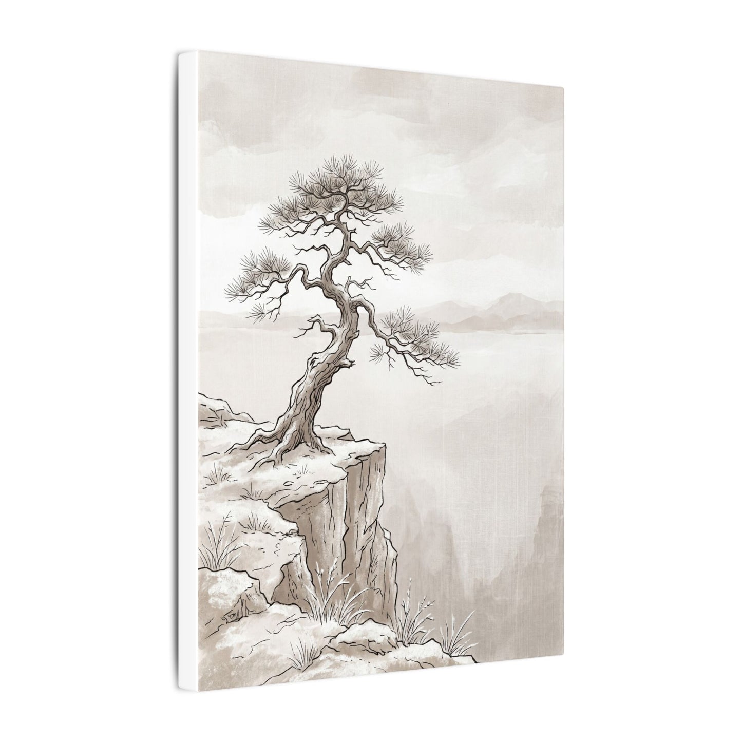 Neutral Pine Tree Canvas Art - Minimal Line Japandi