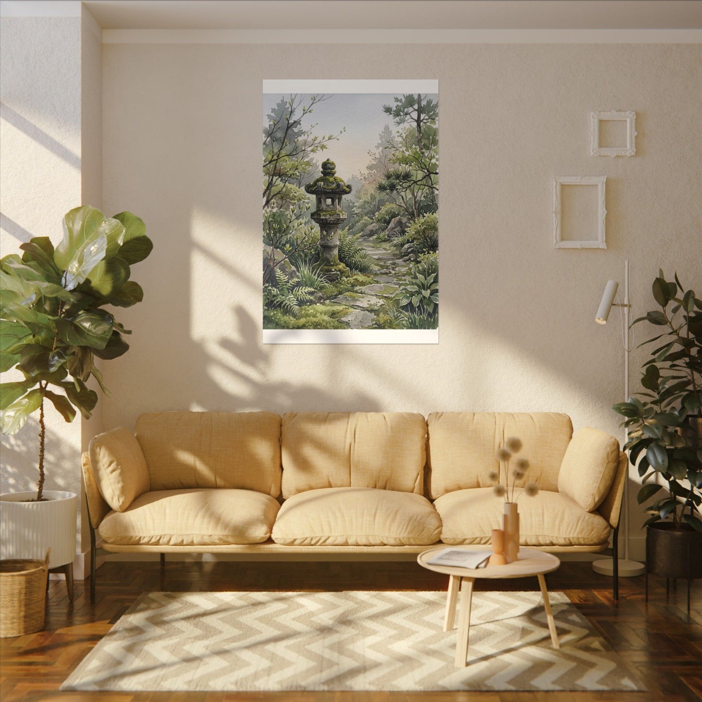 Neutral Stone Lantern Canvas Art - Watercolor Japandi