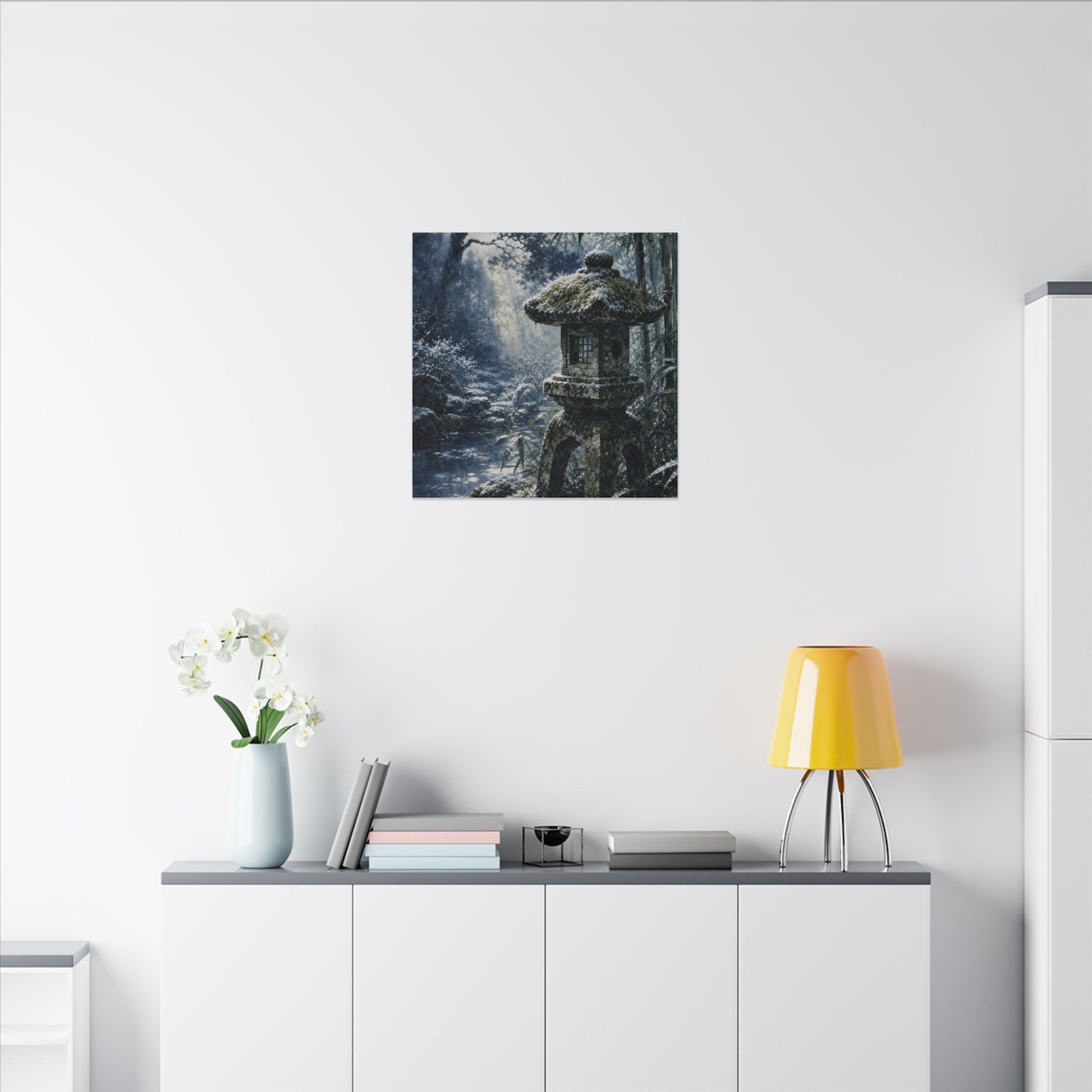 Zen Stone Lantern in Dappled | Sumi E Canvas Art