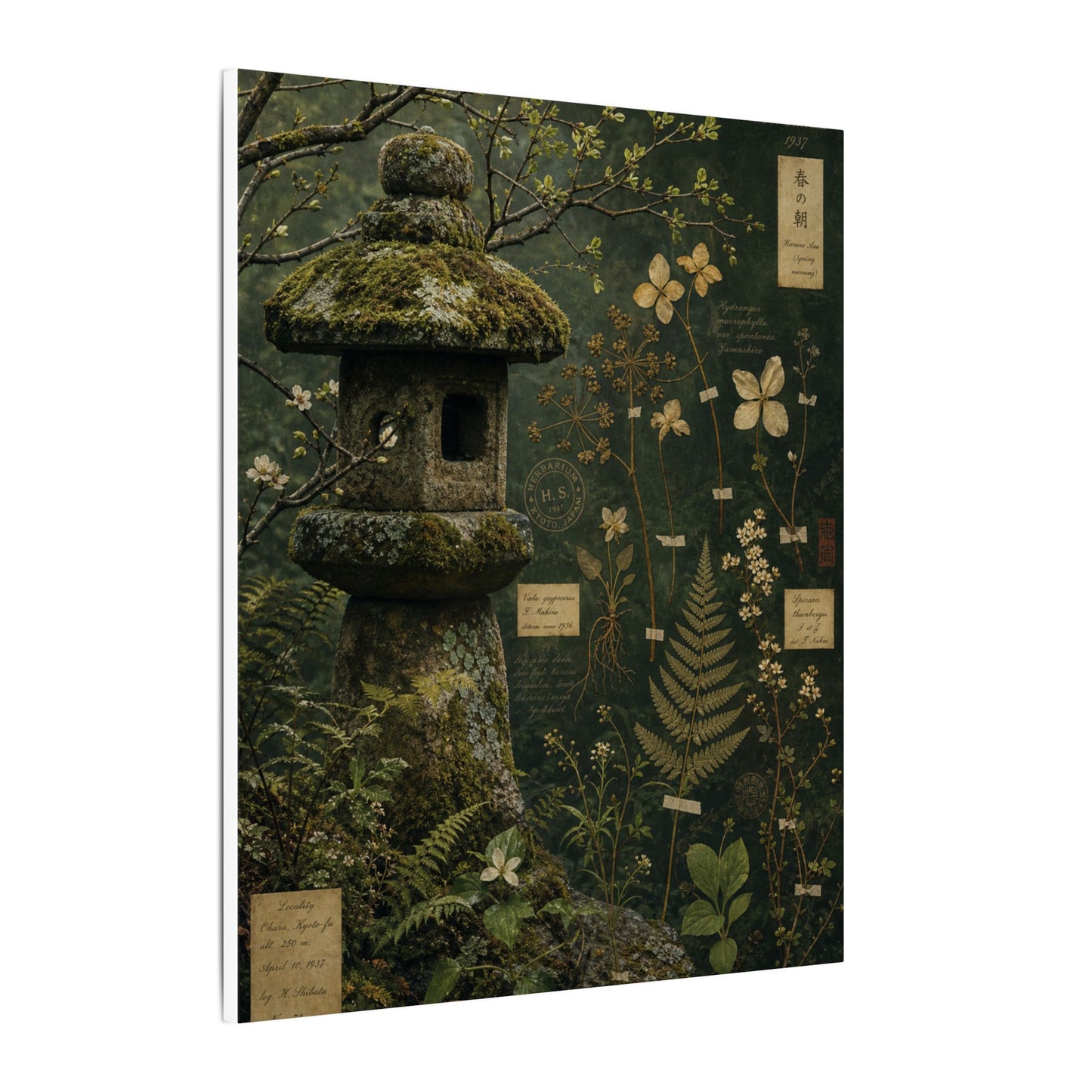 Spring Stone Lantern Herbarium Canvas Art | Nostalgic Decor
