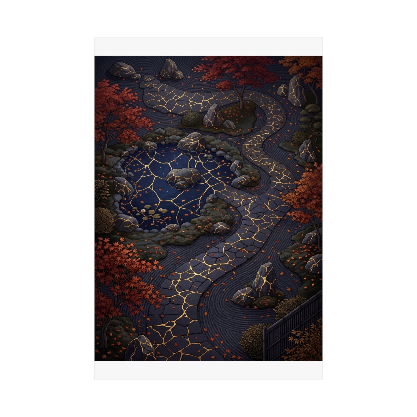 Moonlit Garden Wall Art Print | Autumn Kintsugi Gold Vein Art