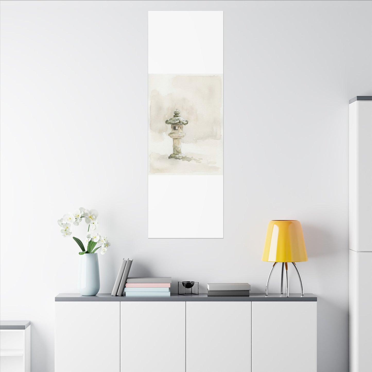 Stone Lantern Winter Canvas Art | Japandi Earthy Design