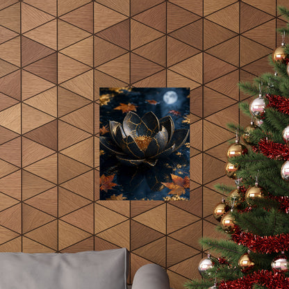 Kintsugi Lotus Flower in Moonlight | Gold Repair Wall Art Print
