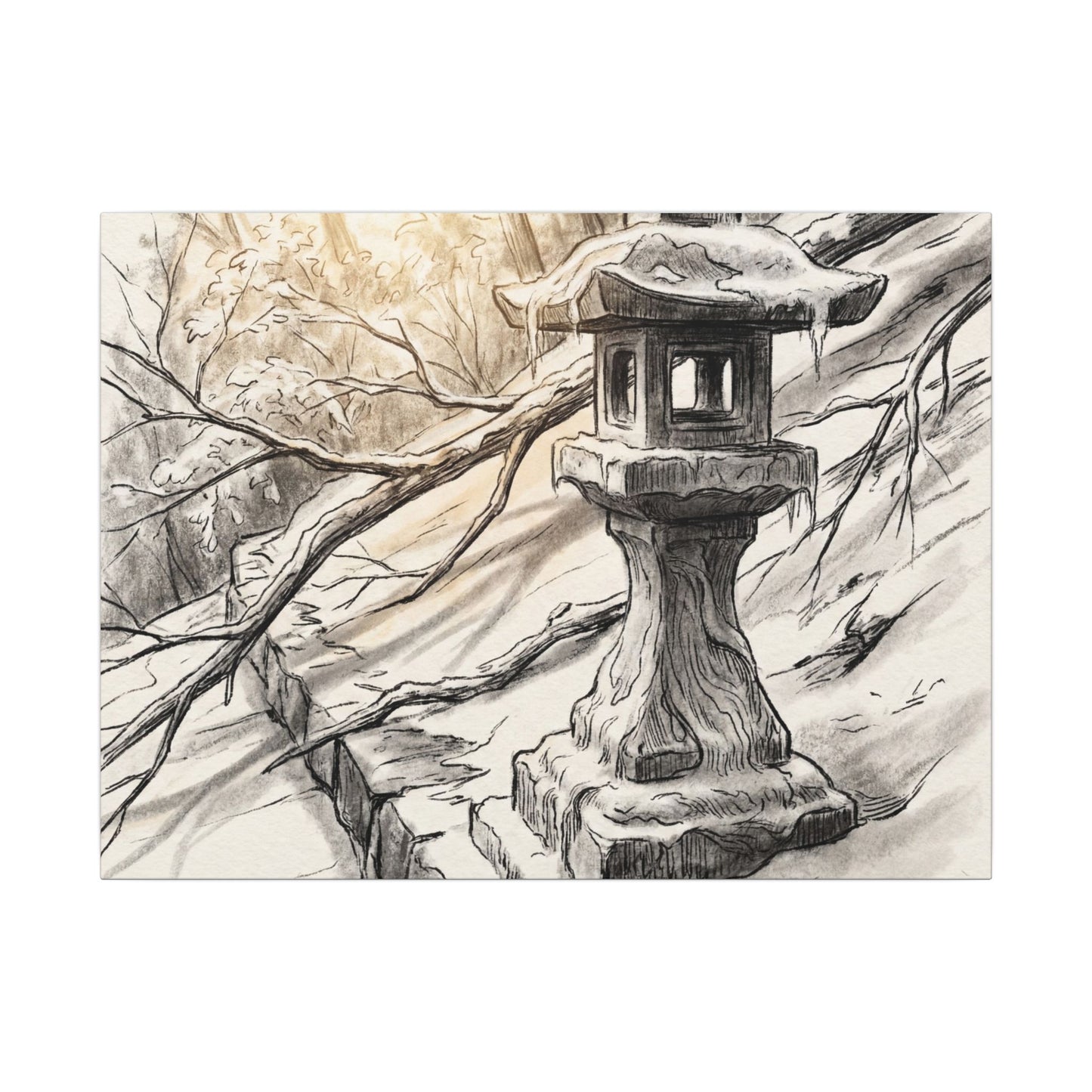 Golden Hour Stone Lantern Canvas Art - Japandi Kanso Art Print