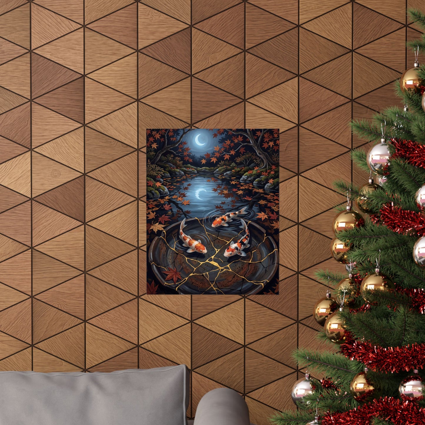 Kintsugi Koi Pond in Moonlight | Gold Repair Wall Art Print