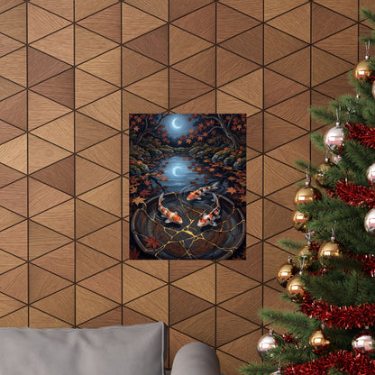 Kintsugi Koi Pond in Moonlight | Gold Repair Wall Art Print