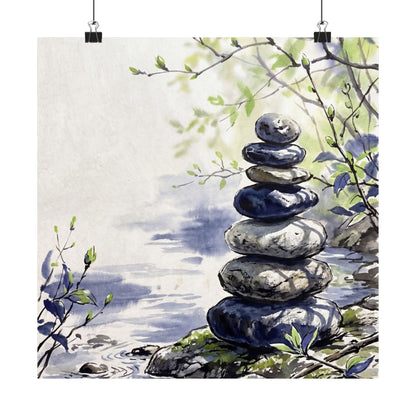 Zen River Stones in Dappled | Sumi E Wall Art Print