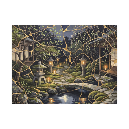 Kintsugi Moonlit Garden in Candlelight | Gold Vein Canvas Art