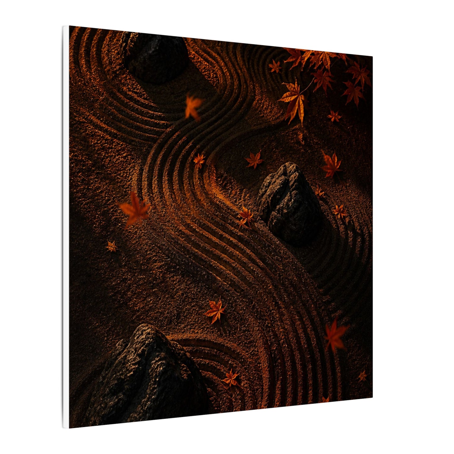 Dark Japandi Rock Garden in Golden Hour | Charcoal Ink Canvas Art