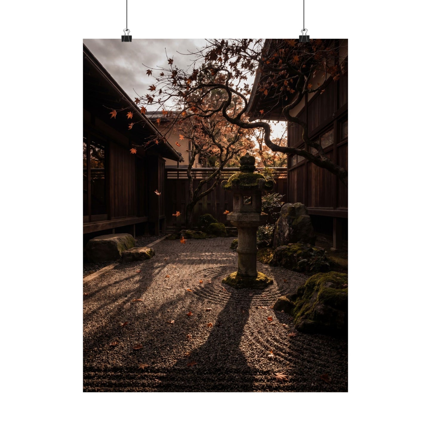 Autumn Stone Lantern Shadow Zen Wall Art Print | Moody Decor