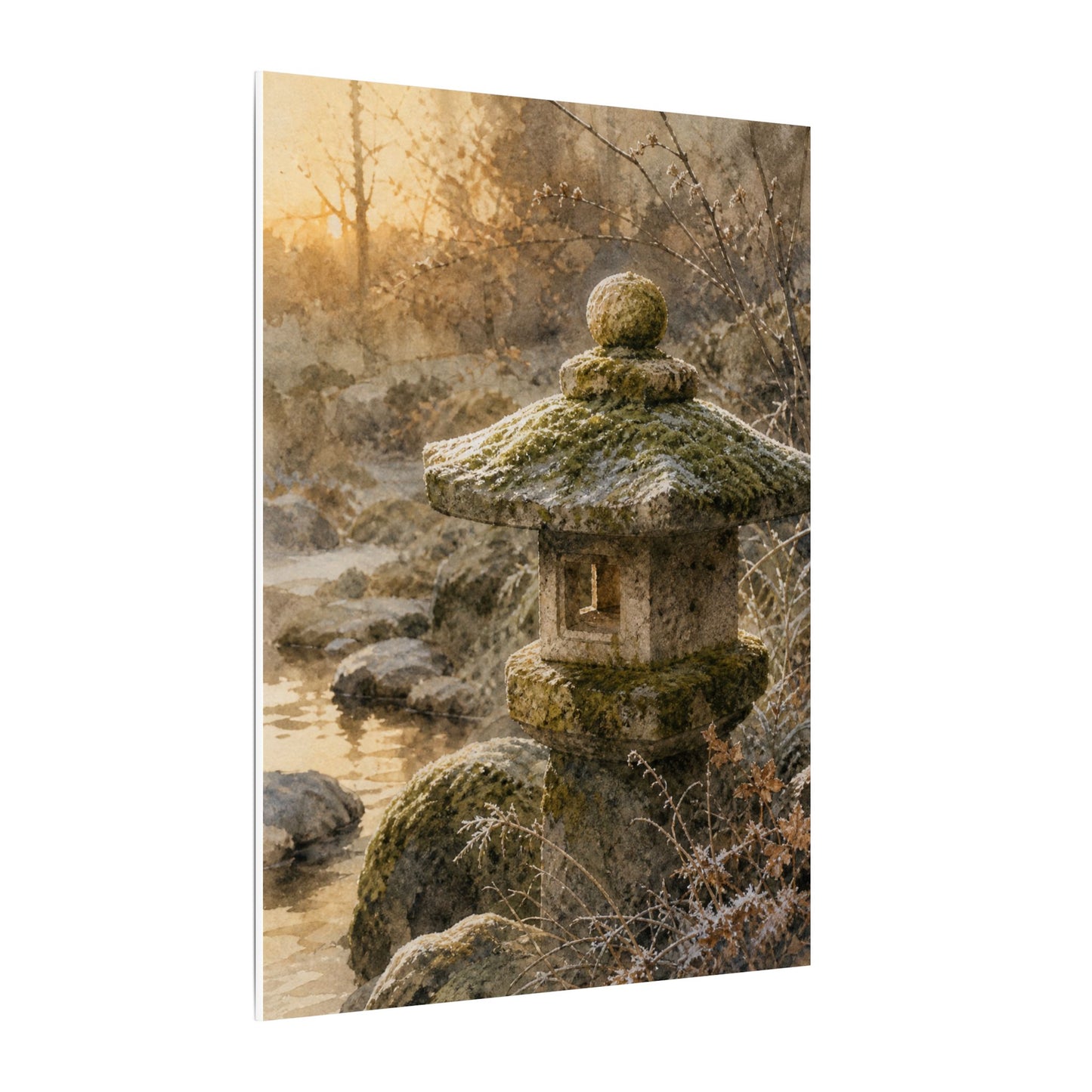 Winter Stone Lantern Watercolor Canvas Art | Earthy Decor