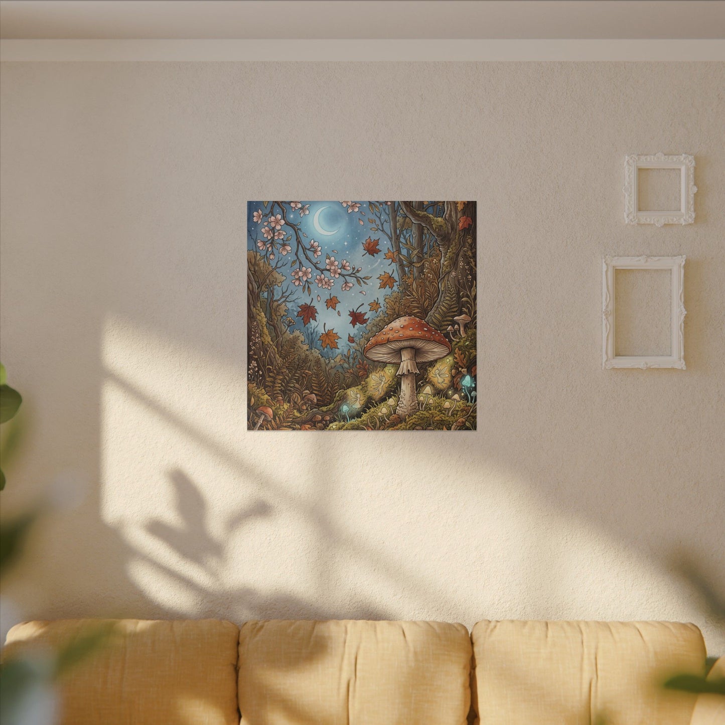 Autumn Cherry Blossom Mushroom Illustration Canvas Art | Enchanting Decor