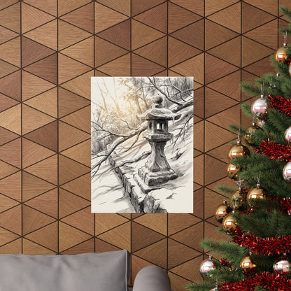 Japandi Stone Lantern in Golden Hour | Minimal Line Wall Art Print