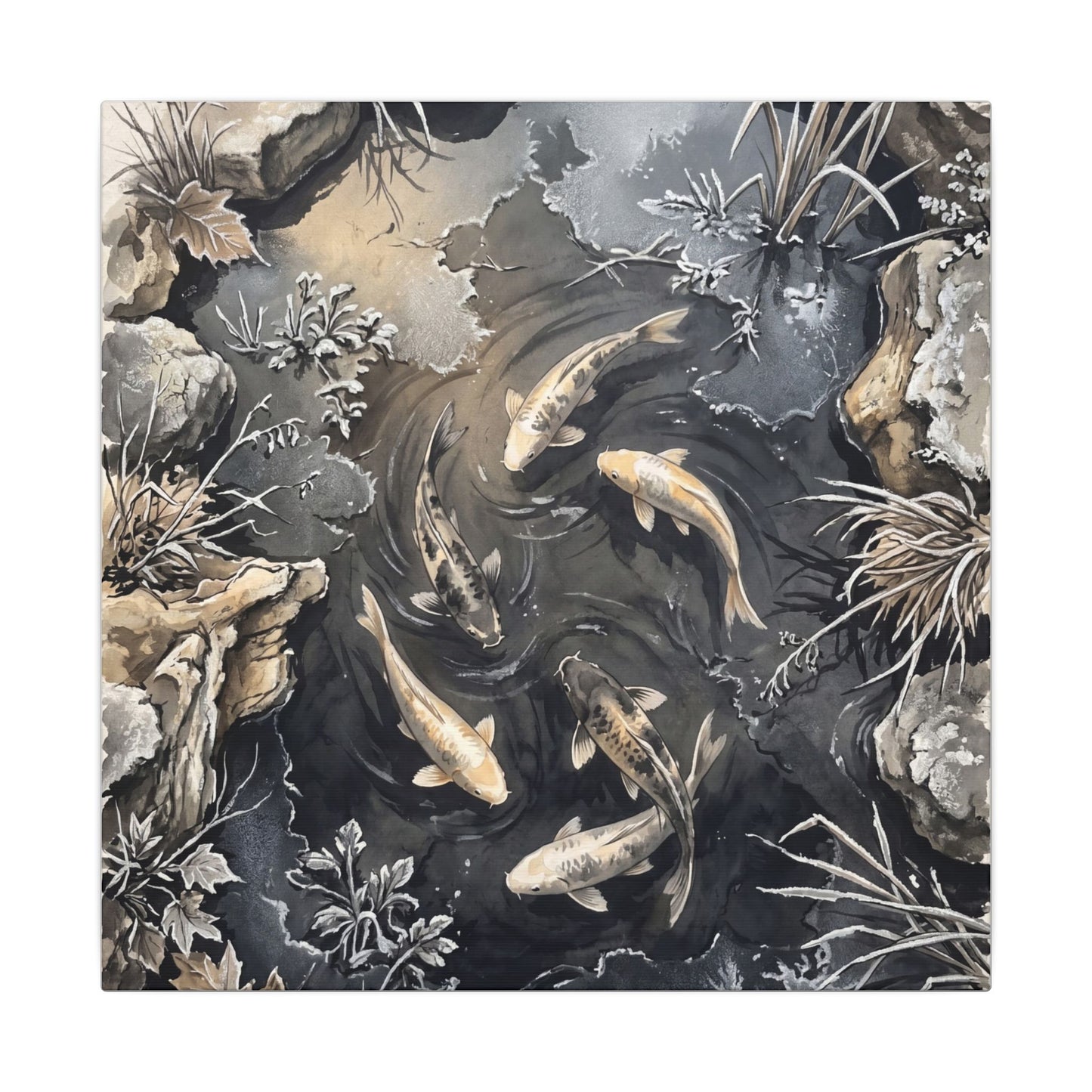 Koi Pond Canvas Art | Winter Japandi Japanese Pattern Art