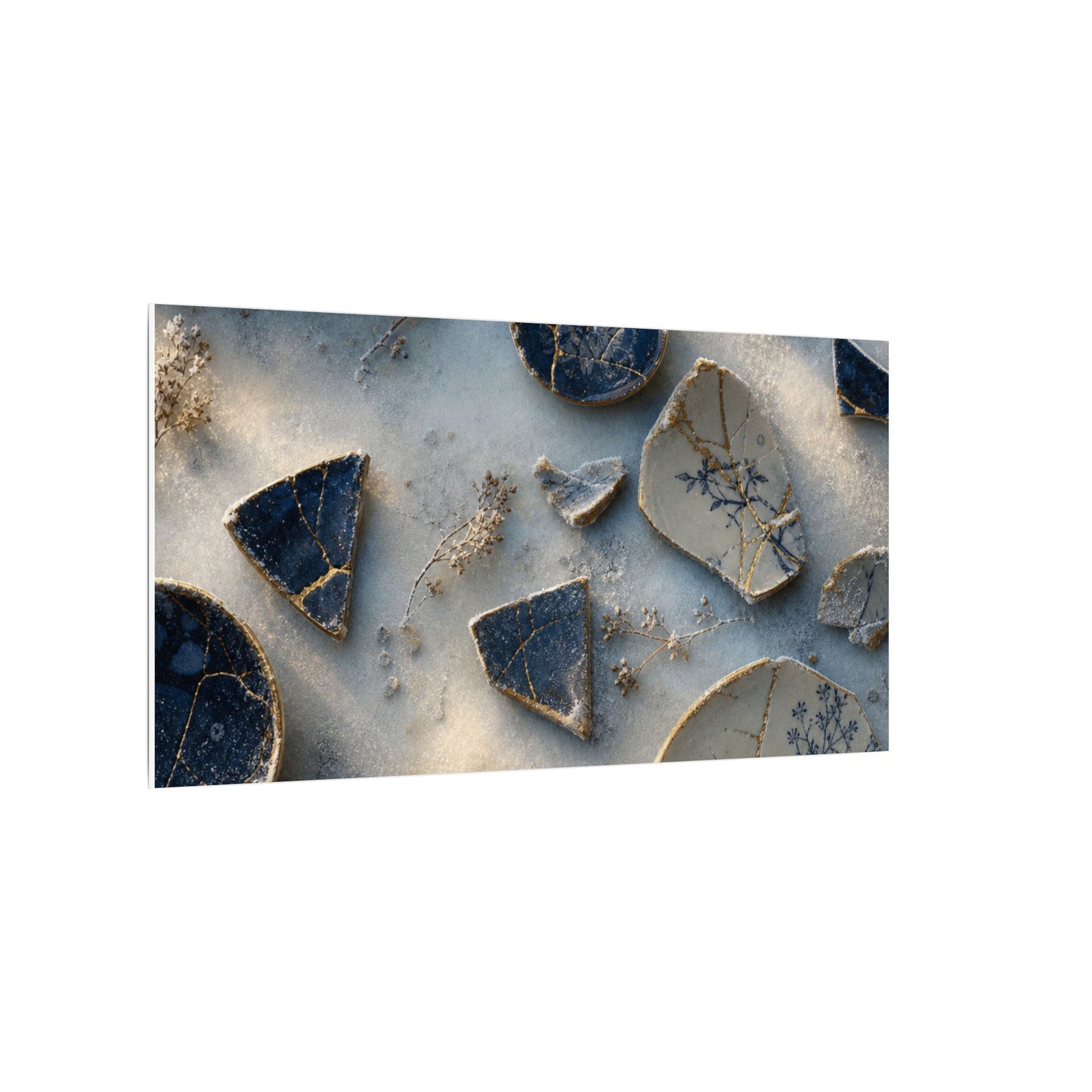 Broken Pottery Canvas Art | Winter Kintsugi Gold Vein Art