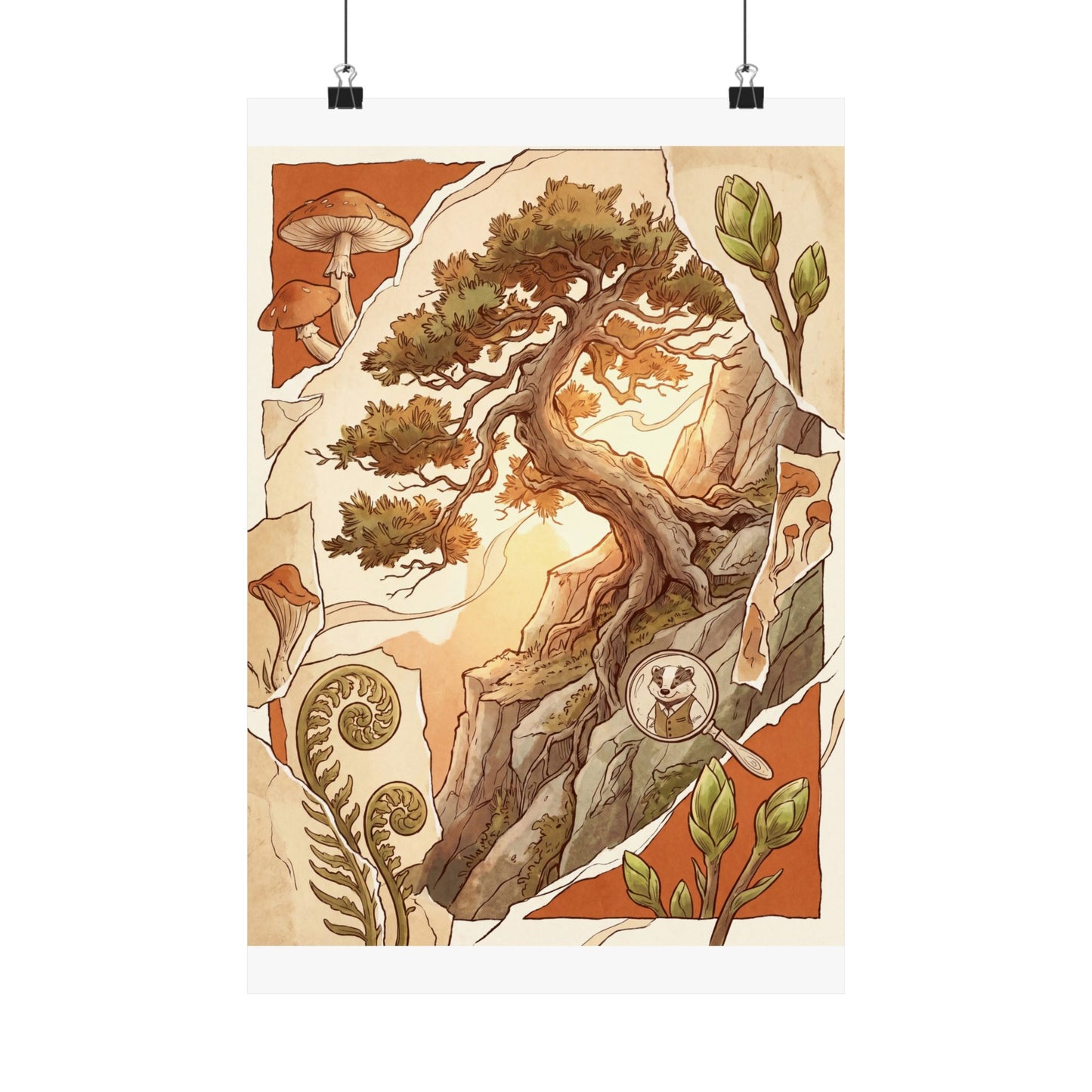 Spring Pine Tree Mushroom Illustration Wall Art Print | Cozy Decor