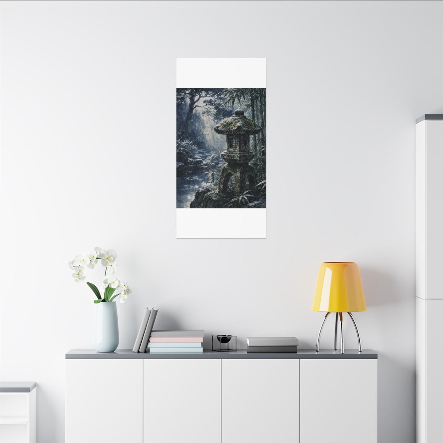 Zen Stone Lantern in Dappled | Sumi E Canvas Art