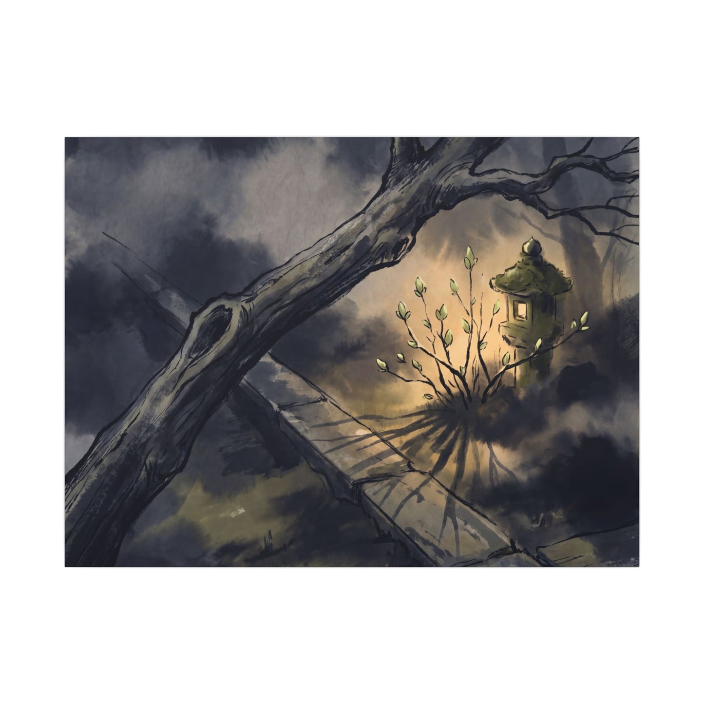 Dark Japandi Moonlit Garden in Golden Hour | Charcoal Ink Canvas Art