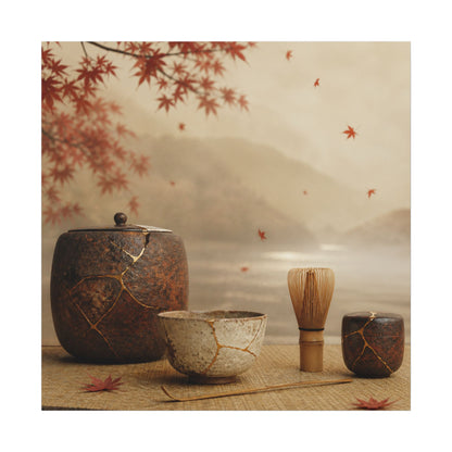 Tea Ceremony Canvas Art | Autumn Kintsugi Gold Vein Art