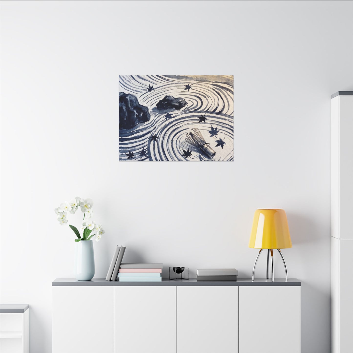 Zen Rock Garden in Golden Hour | Sumi E Canvas Art