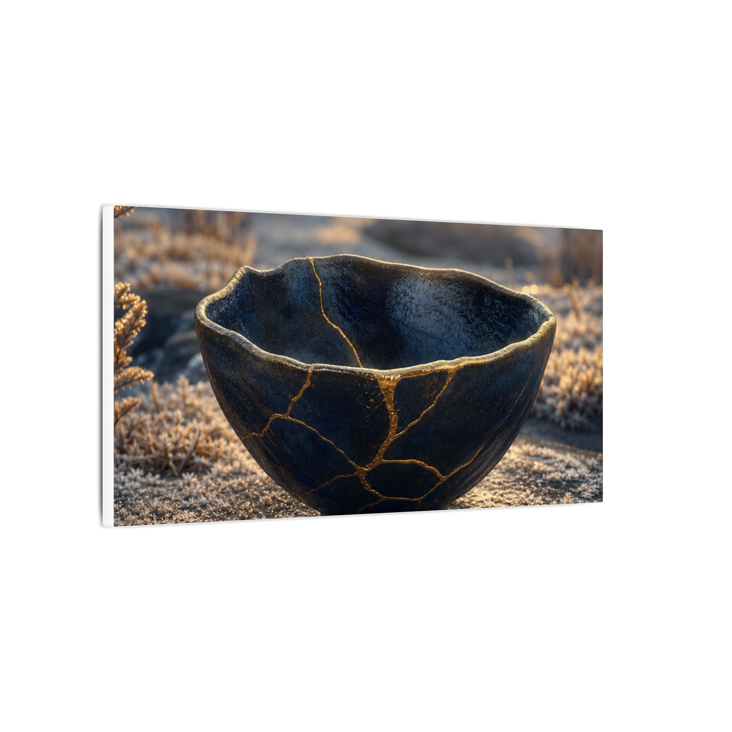 Ceramic Bowl Canvas Art | Winter Kintsugi Gold Repair Art