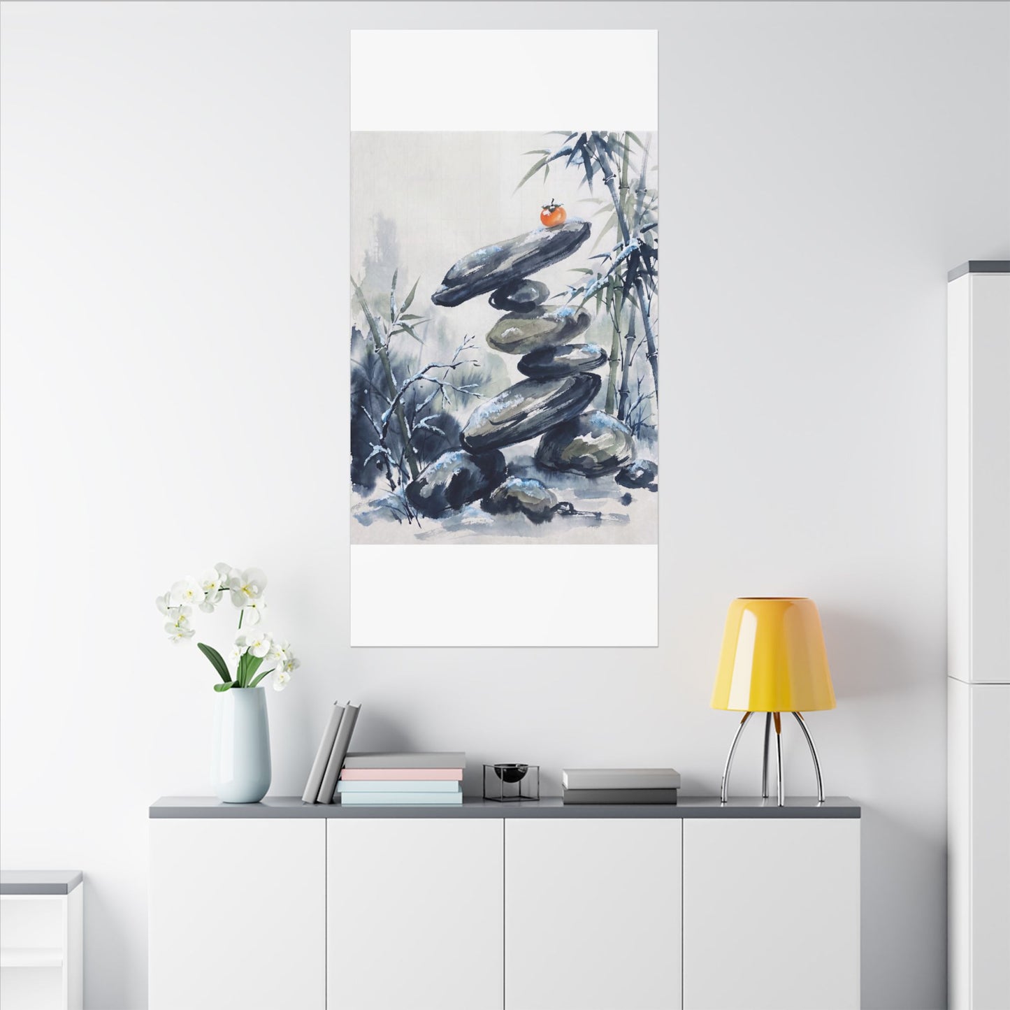 Zen River Stones in Moonlight | Sumi E Canvas Art