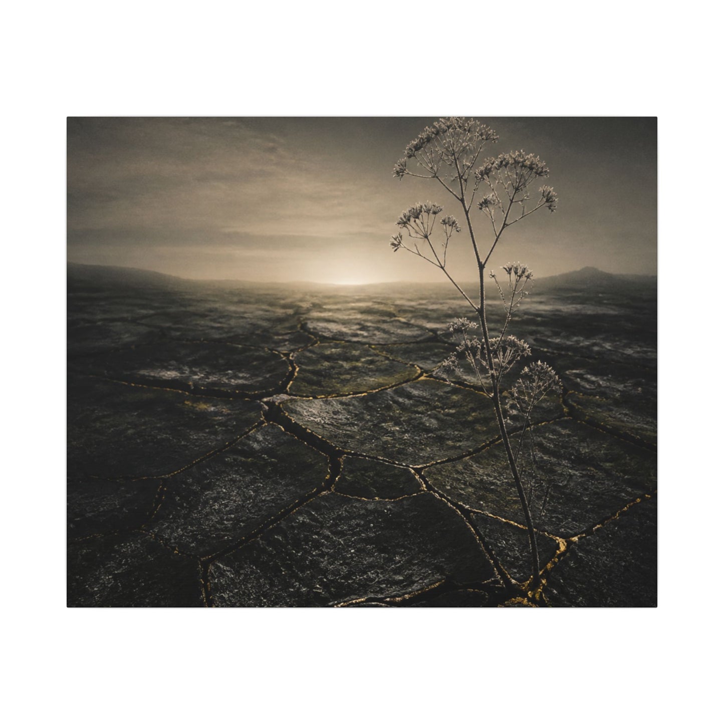Dawn Cracked Earth Canvas Art - Dark Japandi Mono No Aware