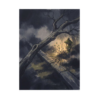 Dark Japandi Moonlit Garden in Golden Hour | Charcoal Ink Canvas Art