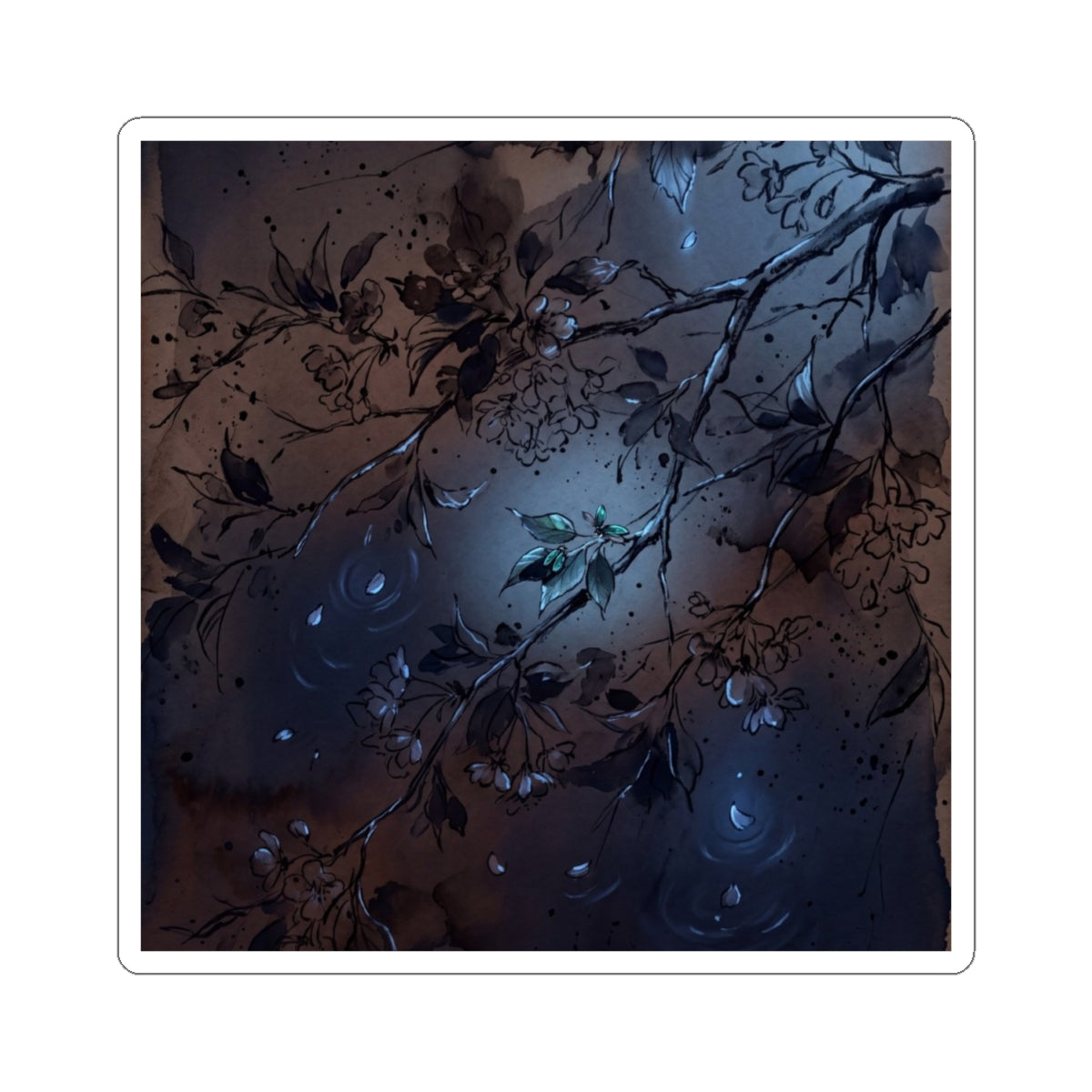 Dark Japandi Cherry Blossom in Moonlight | Charcoal Ink Sticker