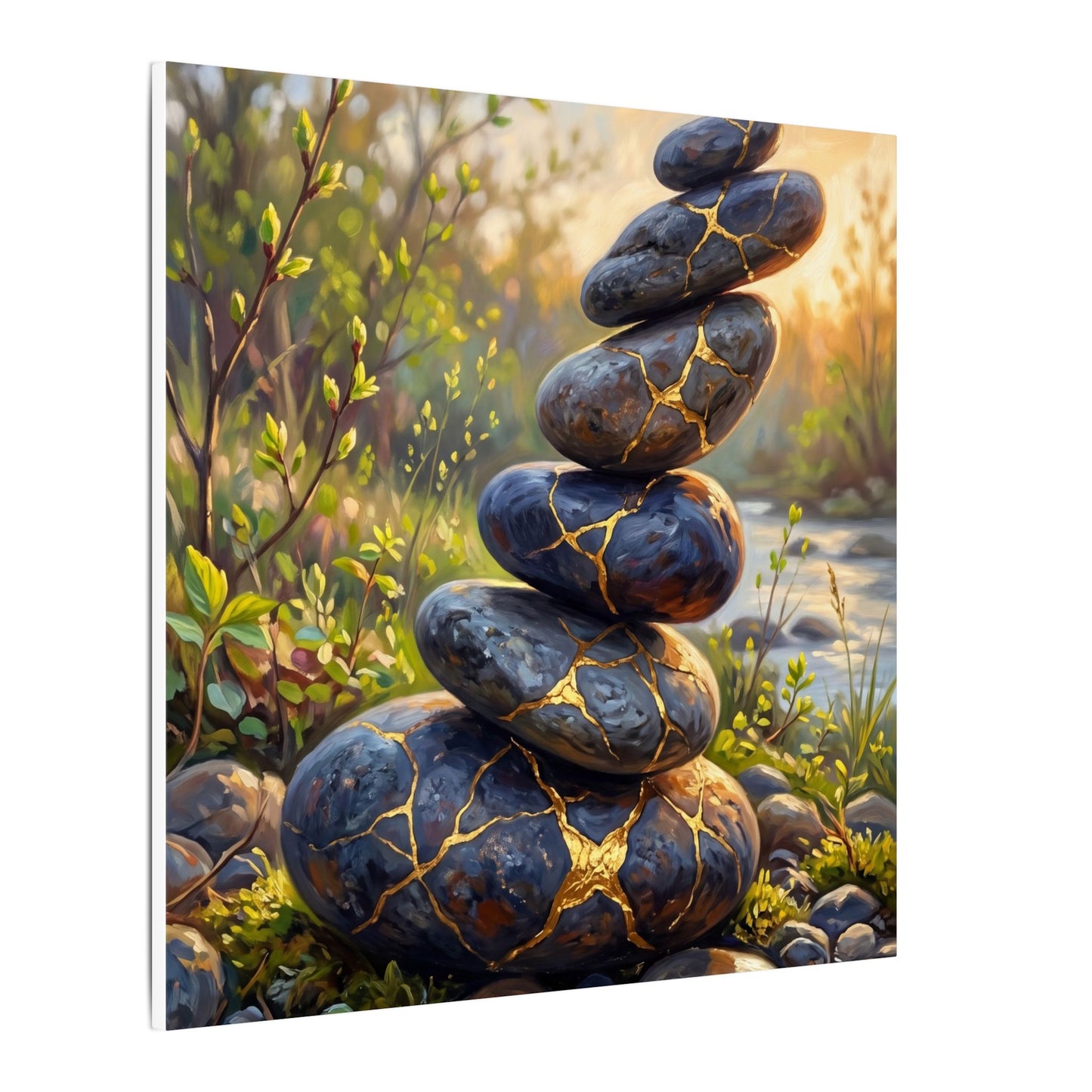 Spring River Stones Gold Repair Canvas Art | Healing Decor