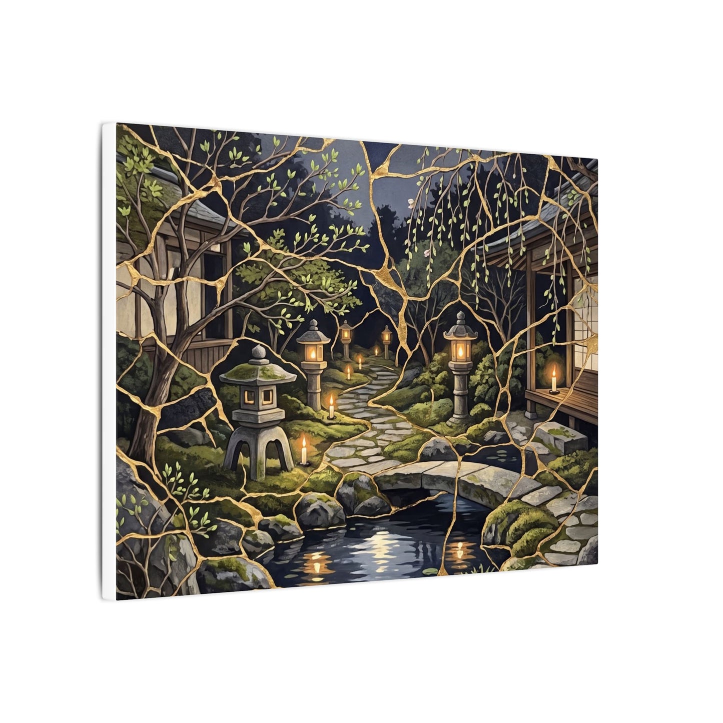 Kintsugi Moonlit Garden in Candlelight | Gold Vein Canvas Art