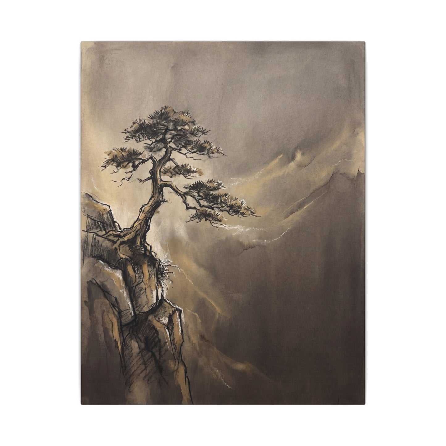 Pine Tree Charcoal Ink Canvas Art | Luxurious Dark Japandi Art