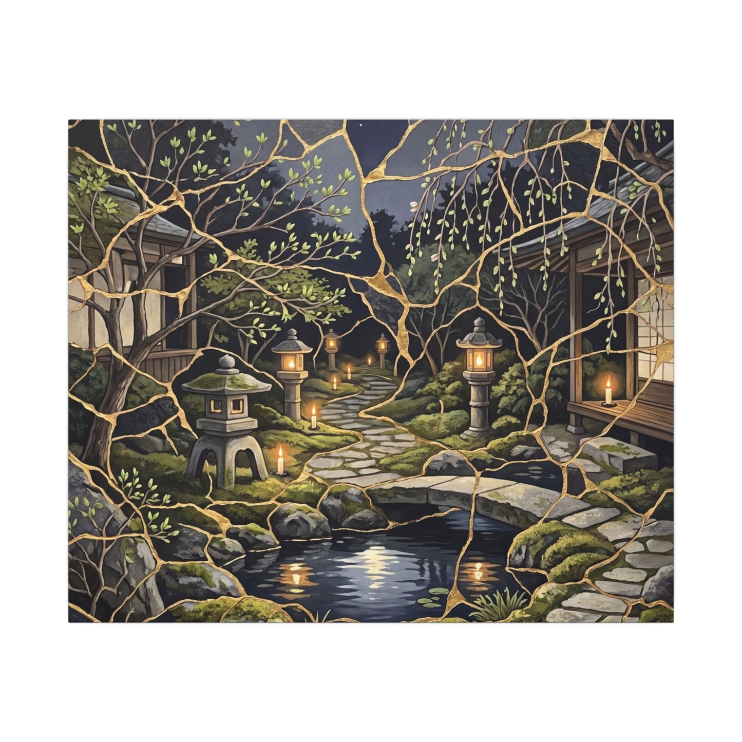 Kintsugi Moonlit Garden in Candlelight | Gold Vein Canvas Art