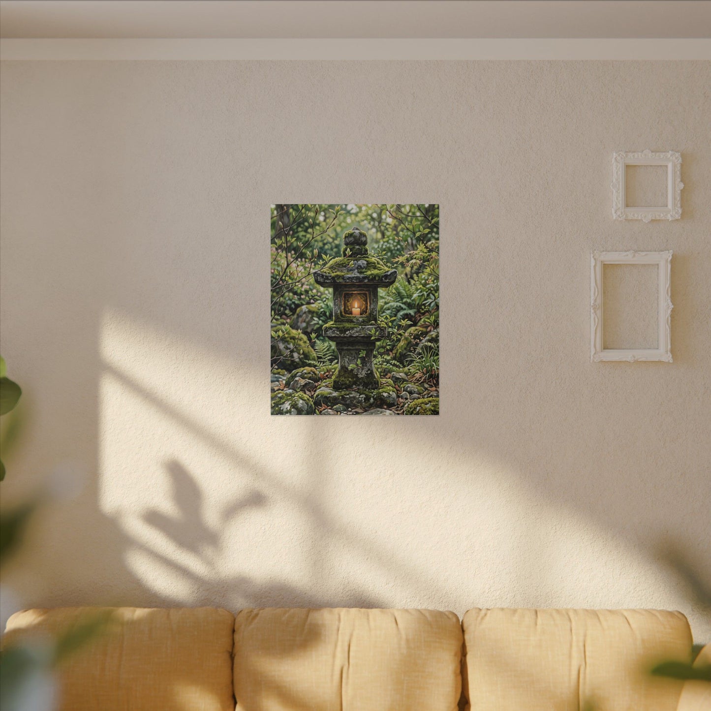 Neutral Stone Lantern Canvas Art - Japanese Pattern Japandi