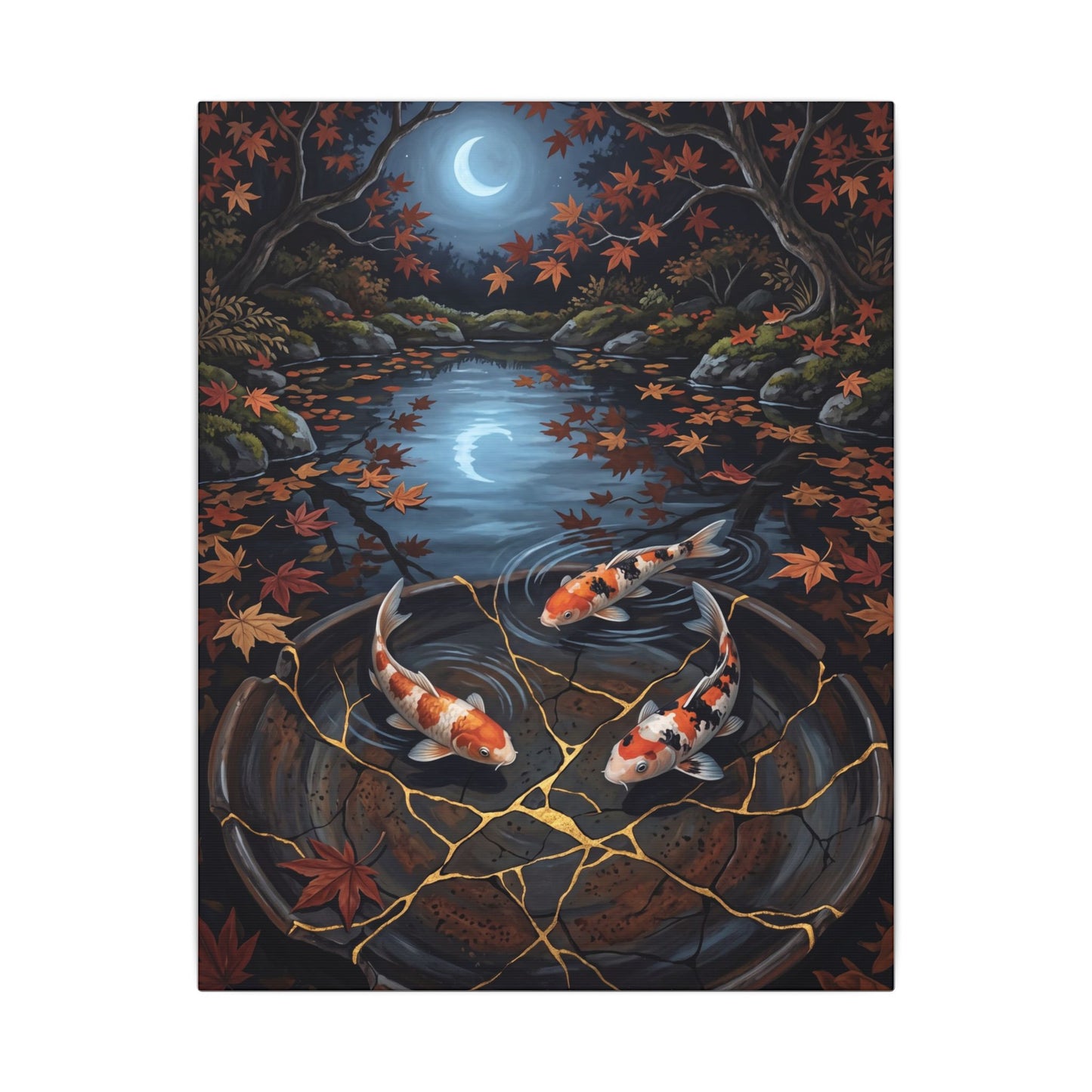 Koi Pond Canvas Art | Autumn Kintsugi Gold Repair Art