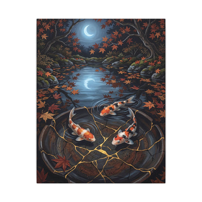 Koi Pond Canvas Art | Autumn Kintsugi Gold Repair Art
