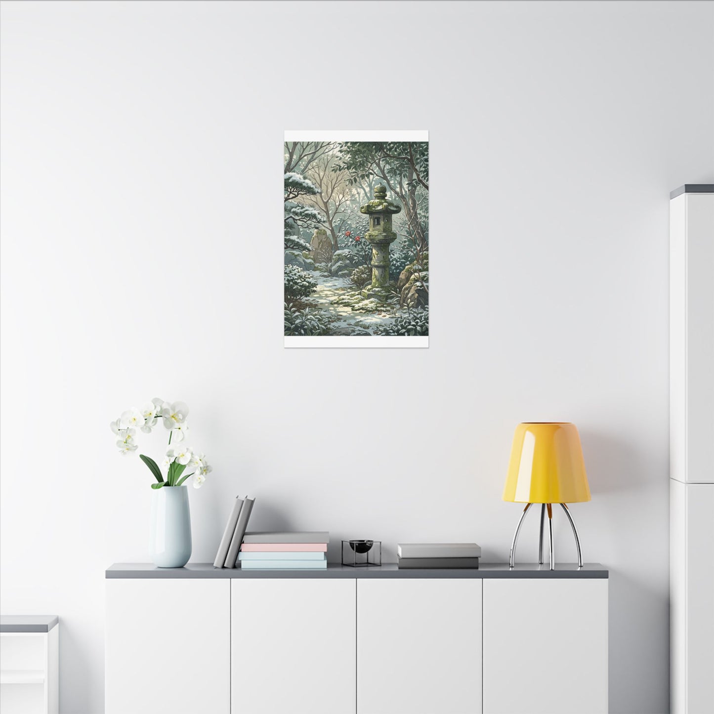 Stone Lantern Winter Canvas Art | Japandi Warm Design