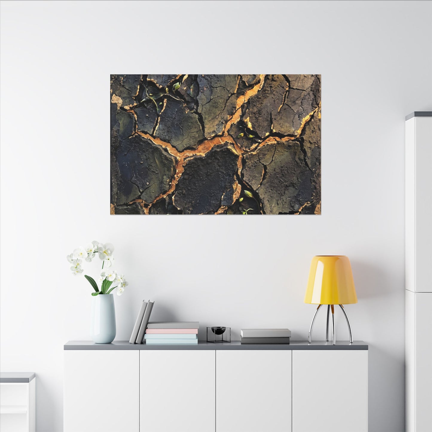 Cracked Earth Spring Canvas Art | Dark Japandi Atmospheric Design