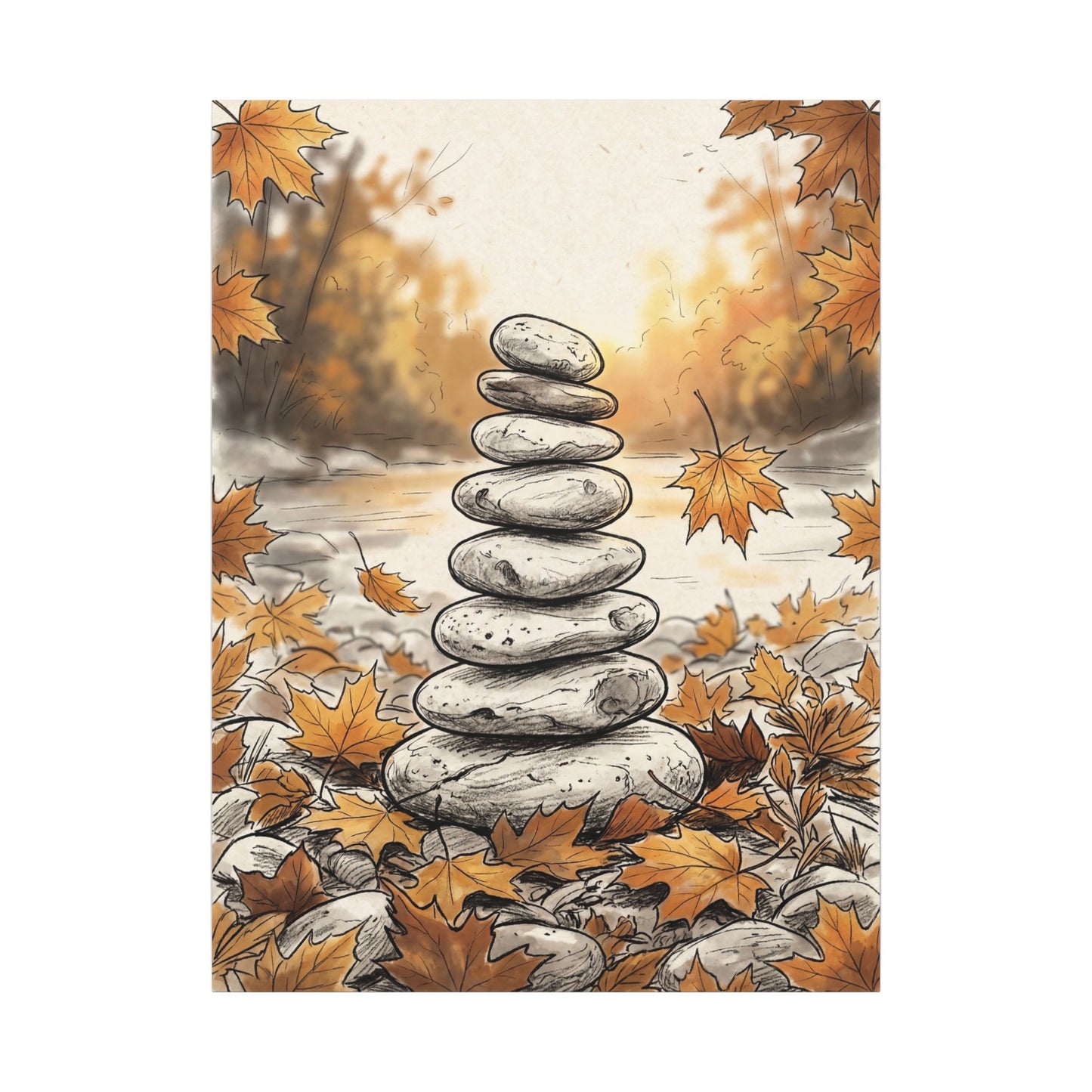 Earthy River Stones Canvas Art - Minimal Line Japandi