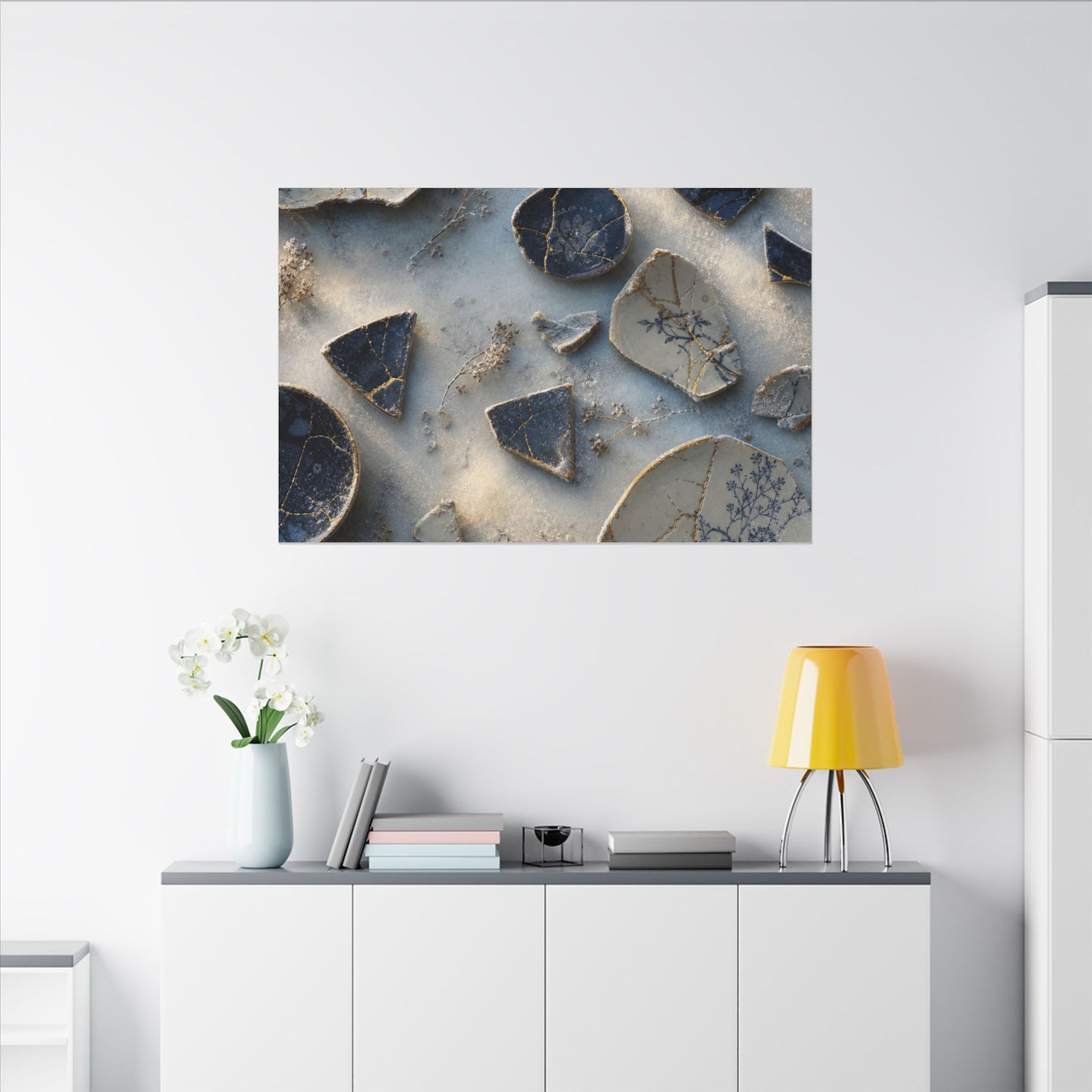 Broken Pottery Canvas Art | Winter Kintsugi Gold Vein Art