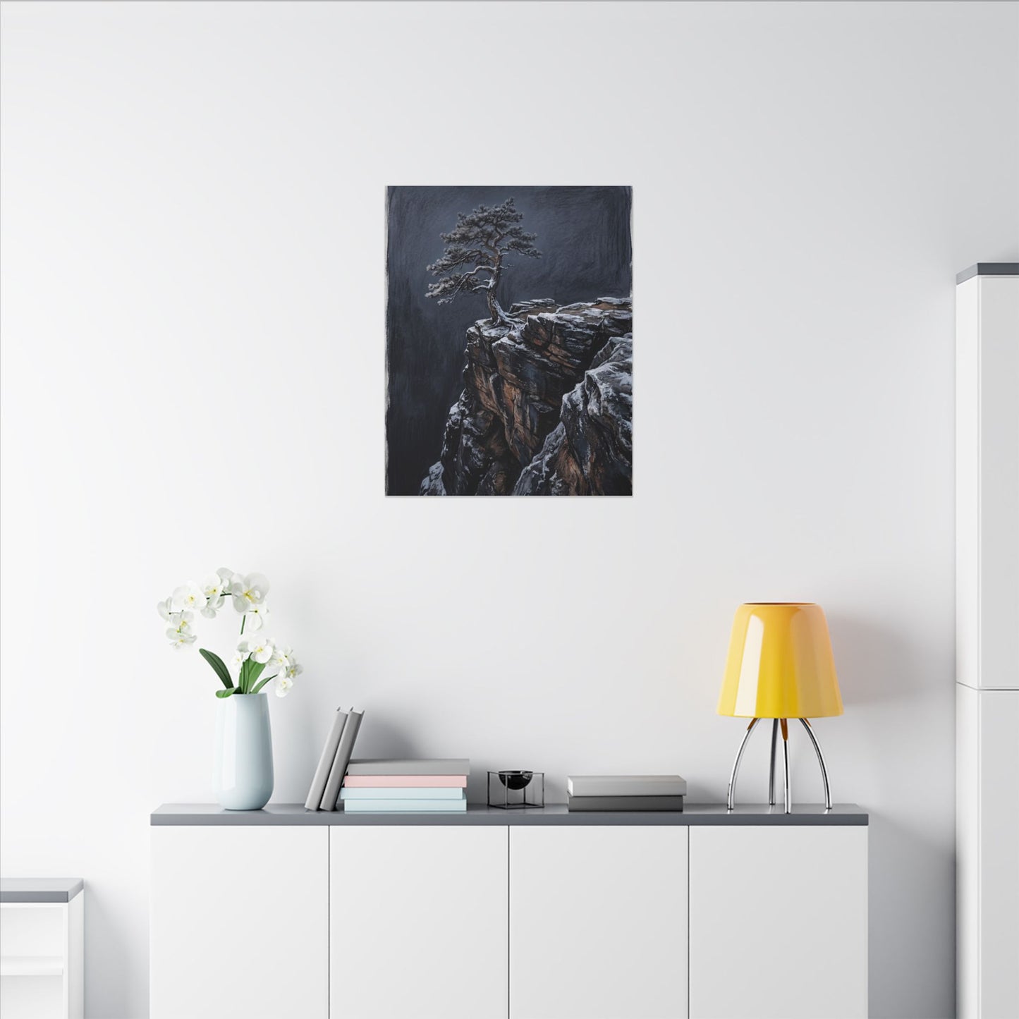 Dark Japandi Pine Tree in Dawn | Dark Texture Canvas Art