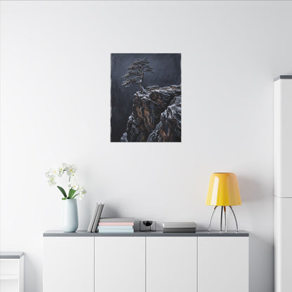 Dark Japandi Pine Tree in Dawn | Dark Texture Canvas Art