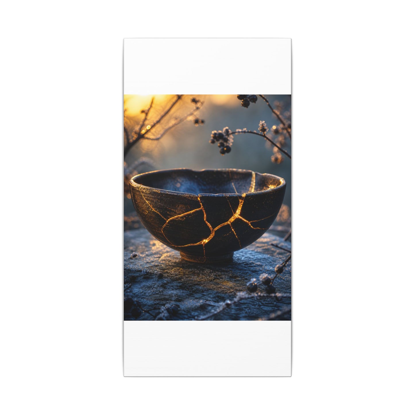 Ceramic Bowl Canvas Art | Winter Kintsugi Gold Repair Art