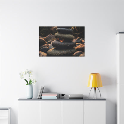 Dark Japandi River Stones in Golden Hour | Moody Minimal Canvas Art