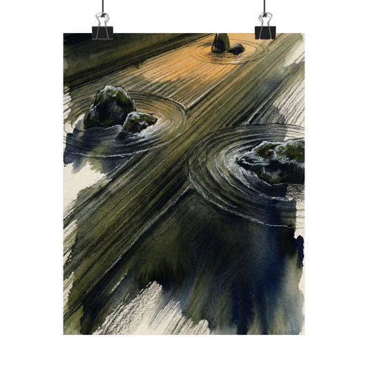 Golden Hour Rock Garden Wall Art Print - Dark Japandi Ma