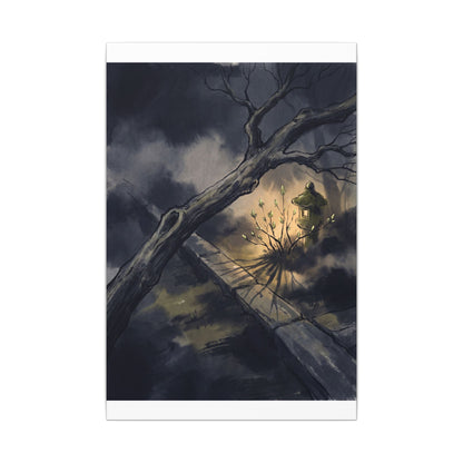 Dark Japandi Moonlit Garden in Golden Hour | Charcoal Ink Canvas Art