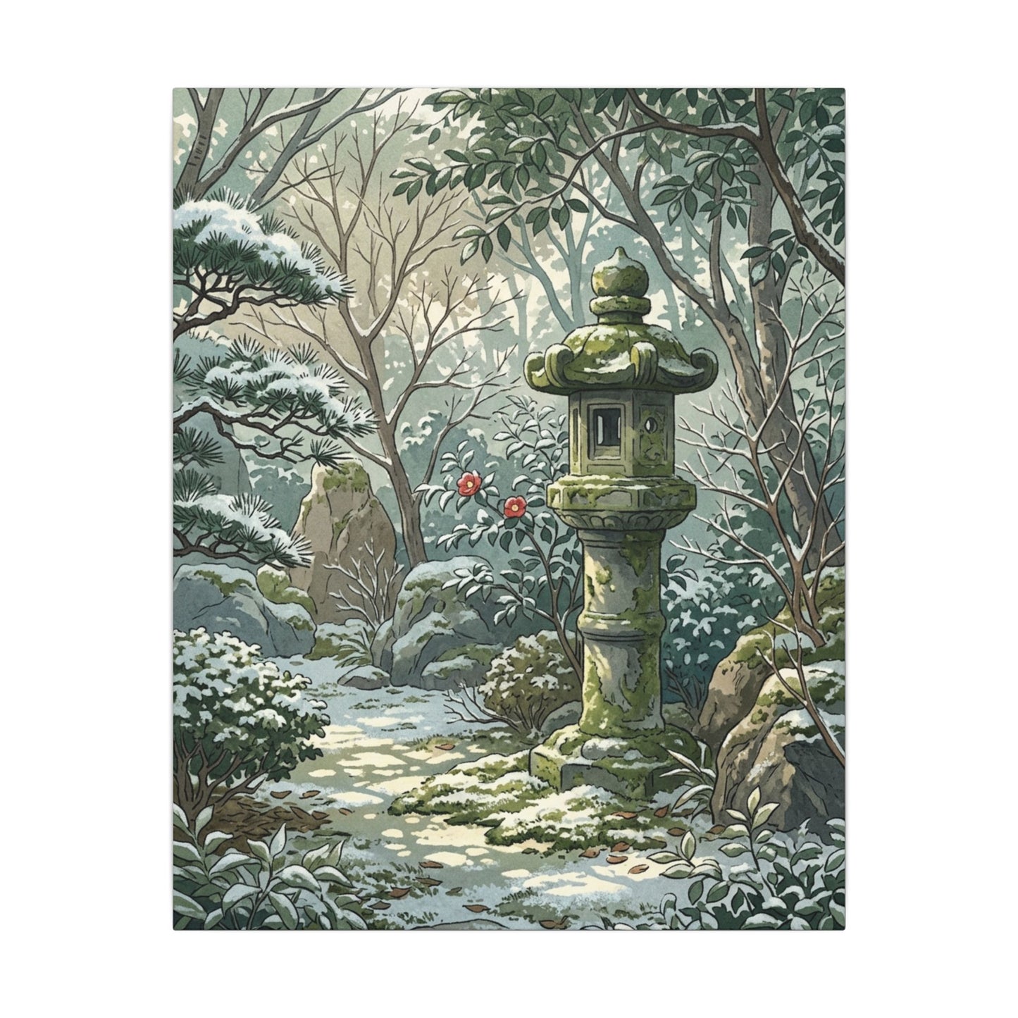Stone Lantern Winter Canvas Art | Japandi Warm Design