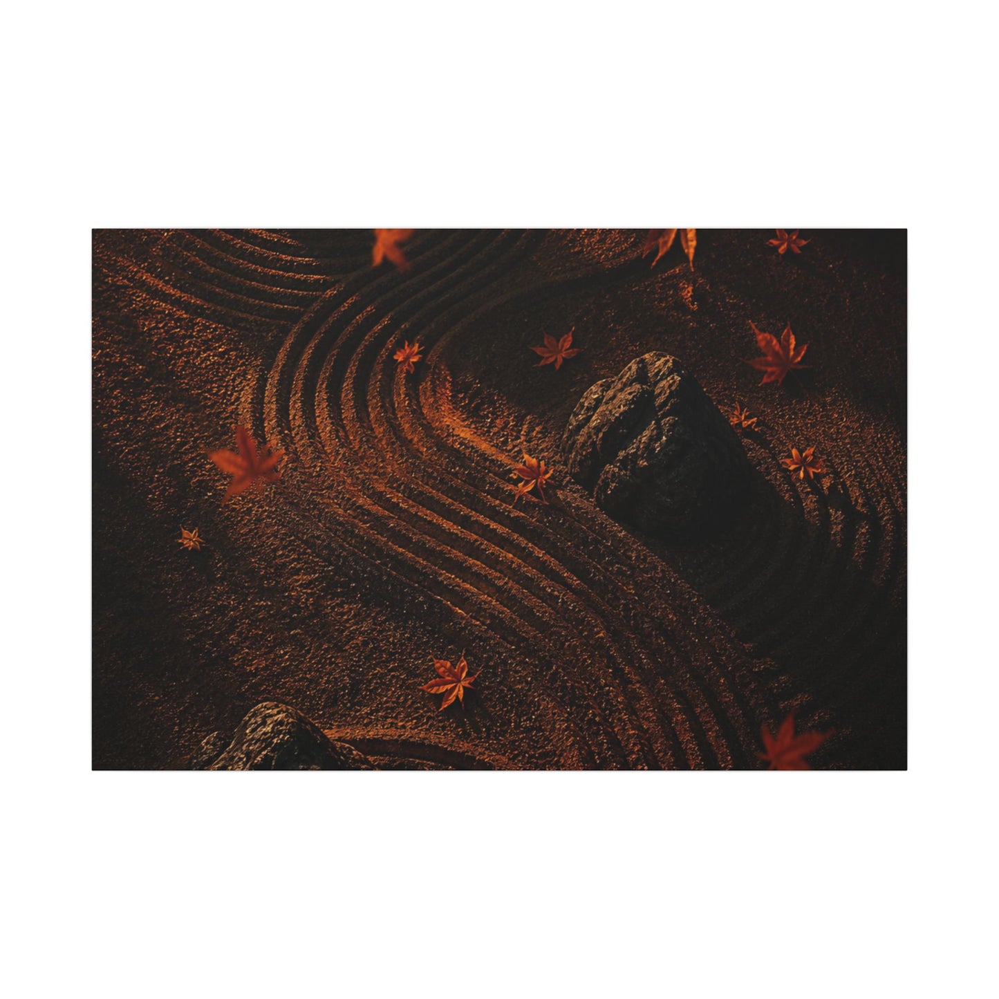 Dark Japandi Rock Garden in Golden Hour | Charcoal Ink Canvas Art